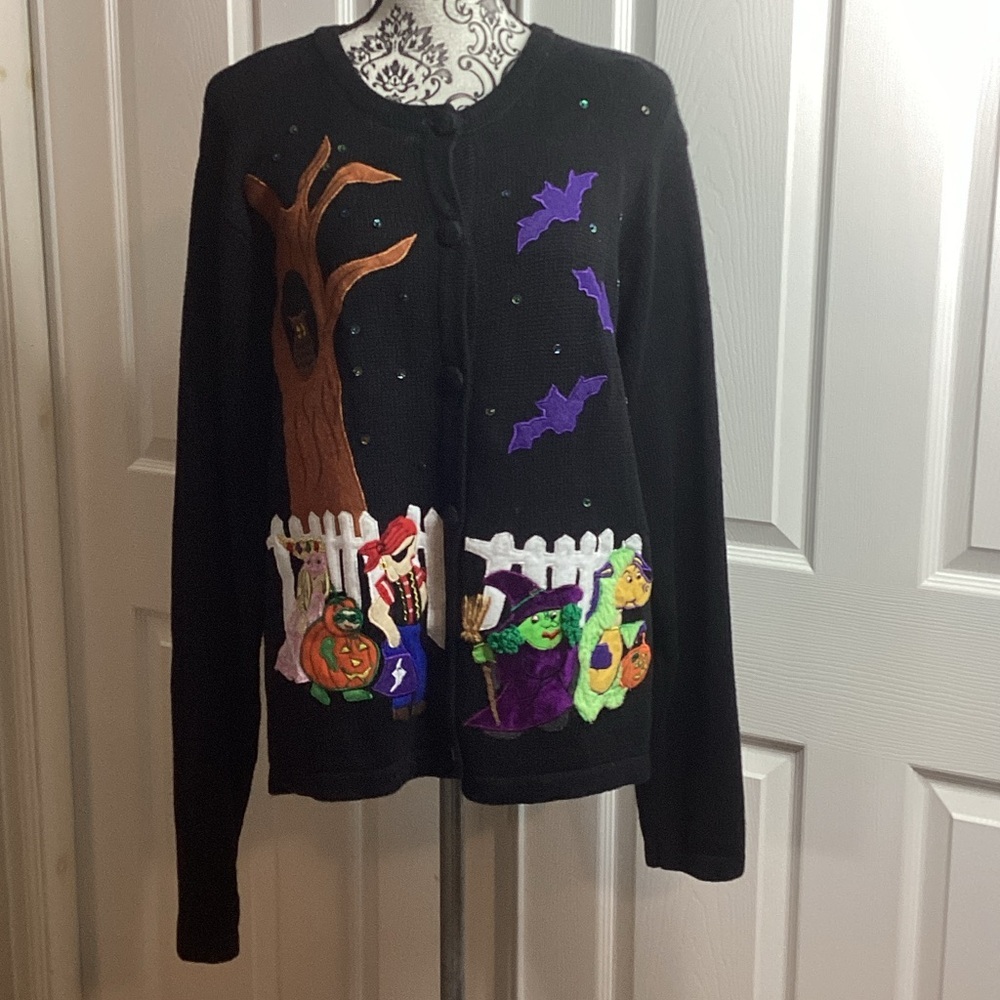 Lemon Grass Halloween Themed Black Cardigan L Trick Or Treat Owl Bats READ